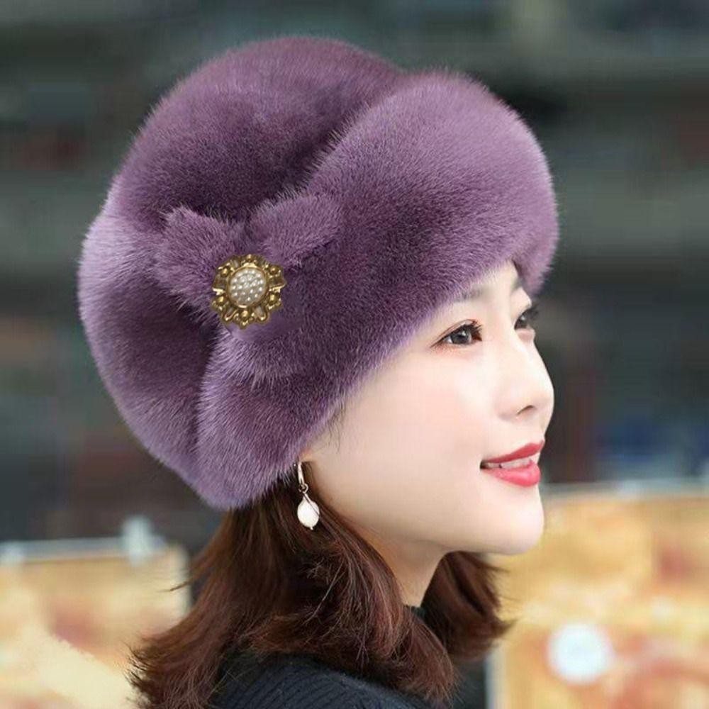 CPINCP Mũ Mùa Đông Nữ, Lông Thỏ Giả Trang Trí Hoa Mũ Xô, Màu Trơn Dày Giữ Ấm Mũ Chống Gió Thu Đông