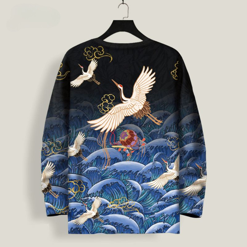 Dài Tay Áo T-Shirt Trung Quốc Phong Cách Cho Nam Giới Crane Top Mùa Thu Lỏng Cộng Với Kích Thước Hàng Đầu Thanh Niên Quần Áo
