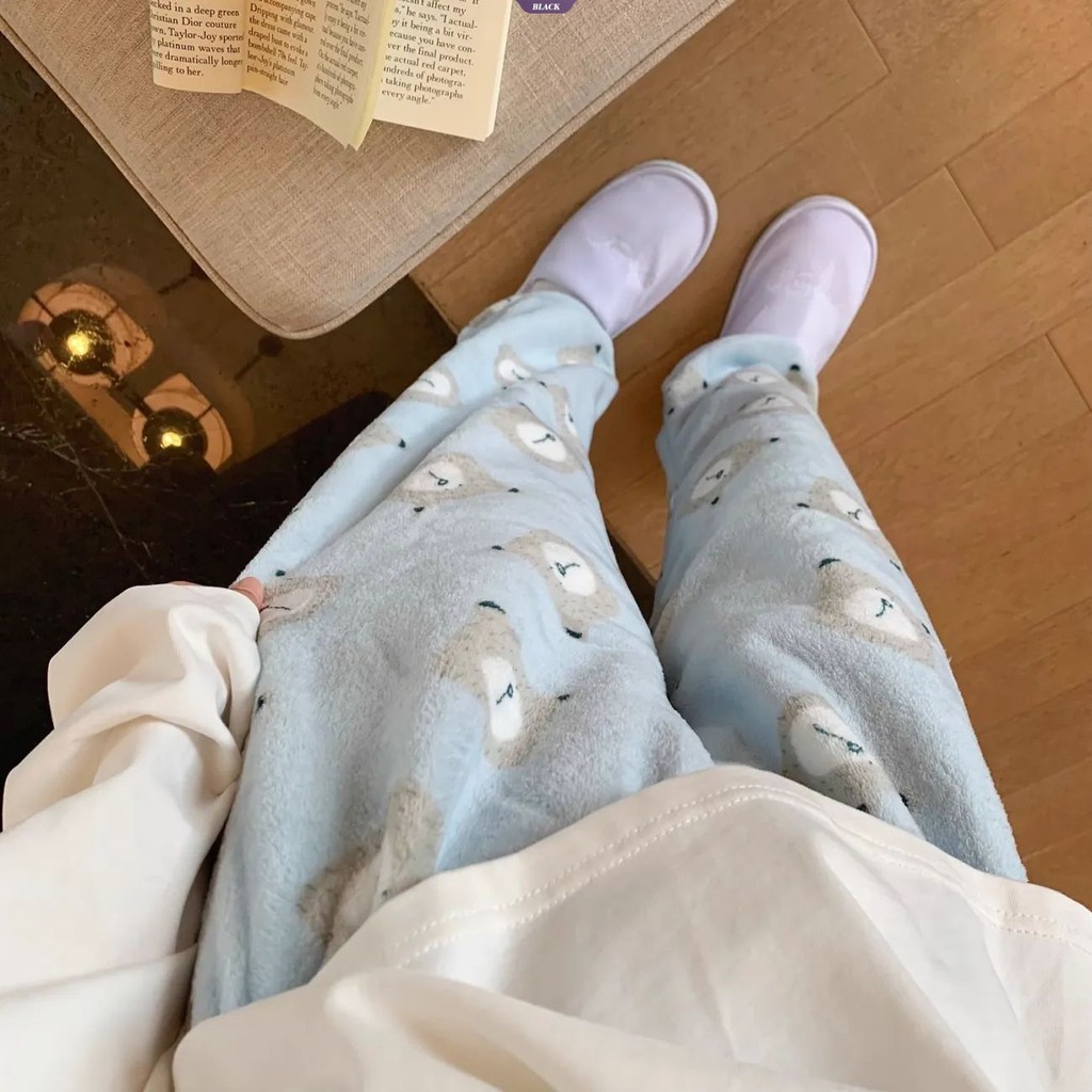 Dễ Thương Hello Kitty In Hình Quần Ấm Áp Đệm Dày Rời Thẳng Sinh Viên Mùa Đông Flannel Nhà Quần [BL]