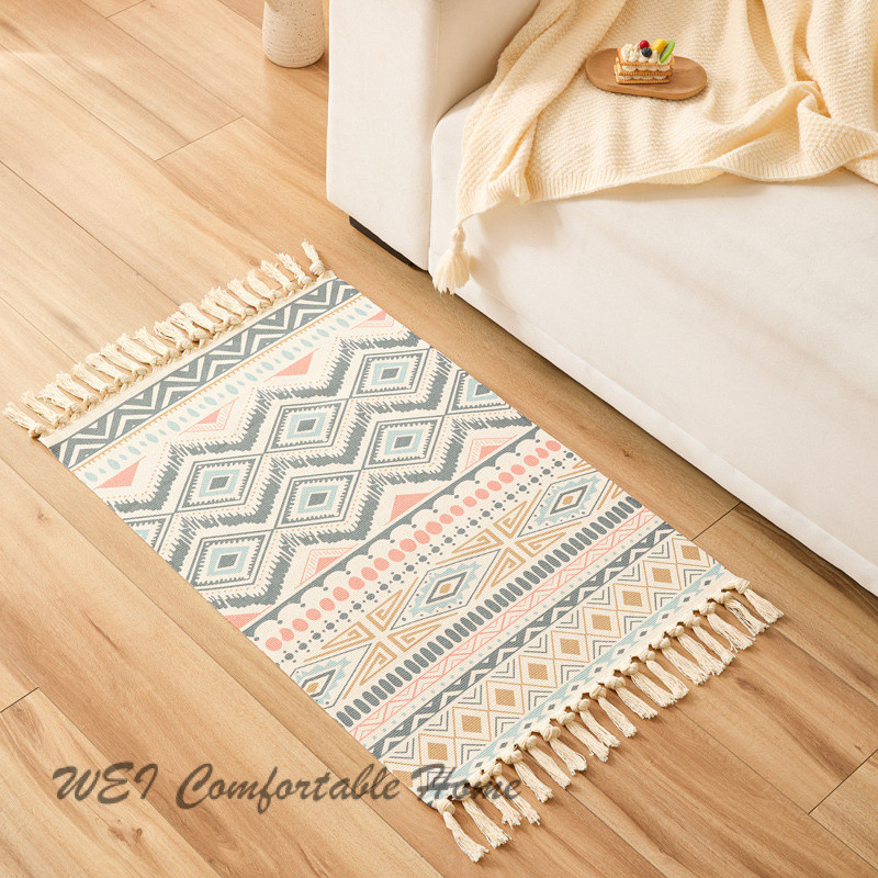 Thảm trải sàn nhỏ tươi mới Bông lanh tua rua đơn giản phong cách bohemian Thảm trải sàn phòng khách phòng ngủ bên giường thảm phong cách nổi tiếng cổ điển