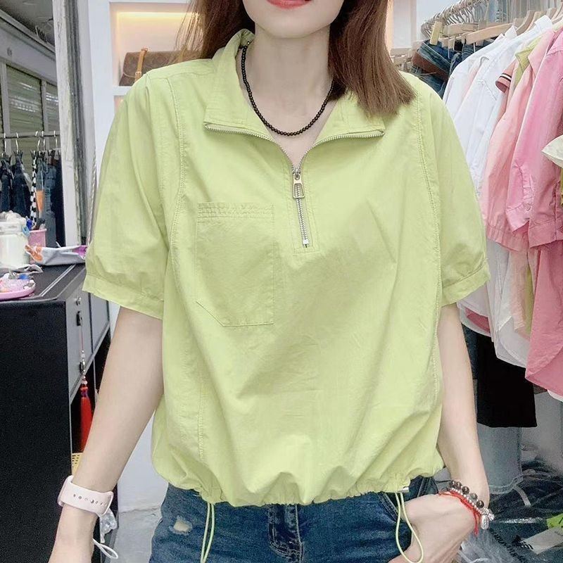 Áo sơ mi ngắn tay dây kéo ve áo sơ mi mùa hè 2025 thời trang mới dáng rộng cho nữ