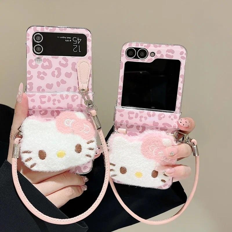 Thích Hợp Cho Samsung Galaxy ZFlip6 3D Hoạt Hình Dễ Thương Sanrio Kitty Da Báo Lông Tơ Sang Trọng Ốp Lưng Điện Thoại Cho ZFlip 5 6 4 3 5G Có Dây Bảo Vệ Vỏ Chống Sốc