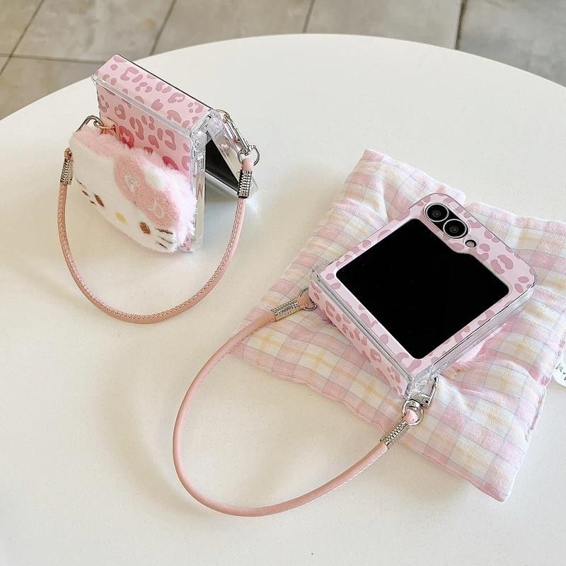 Thích Hợp Cho Samsung Galaxy ZFlip6 3D Hoạt Hình Dễ Thương Sanrio Kitty Da Báo Lông Tơ Sang Trọng Ốp Lưng Điện Thoại Cho ZFlip 5 6 4 3 5G Có Dây Bảo Vệ Vỏ Chống Sốc