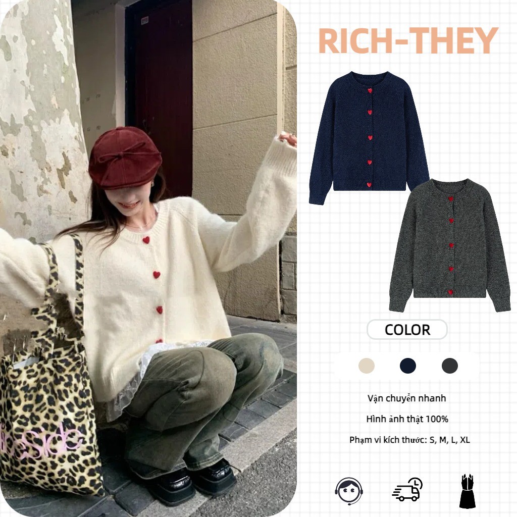 RICH-THEY Áo Len Cardigan Tay Dài Cổ Tròn Cài Nút Phong Cách Hàn Quốc ...
