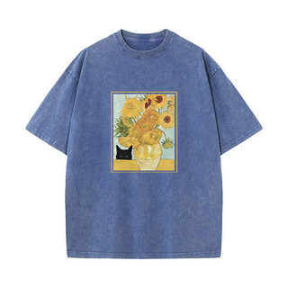 Van Gogh Đen Mèo Áo Thun Ngộ nghĩnh Hoa In Hình Áo Nam Nữ Rửa Vintage Tay Ngắn Áo Thun Thường Ngày Dạo Phố Áo Thun Mùa Hè
