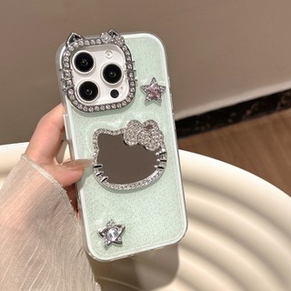 Sang Trọng Kim Cương Ống Kính Mèo Kitty Gương Ngôi Sao Lấp Lánh Bột 2in1 Ốp Lưng Điện Thoại iPhone 17Promax 16Promax 12 13 14 15 Pro Max 16Plus Silicon Chống Sốc Nữ Vỏ Di Động