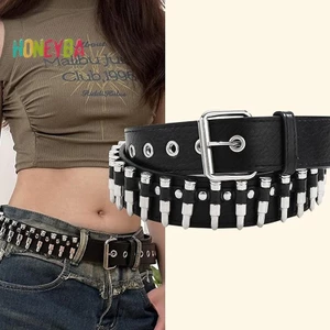 < Honeyba > Đinh Tán Rỗng Viên Đạn Trang Trí Dây Da Thời Trang Đính Đá Goth Có Thể Điều Chỉnh Nữ Punk Đai Đen