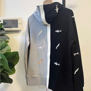 Áo Khoác Thom Thêu Cá 2 Mảnh Đen Xám Double - Six. Áo Nỉ, Áo Hoodie Dày Dặn