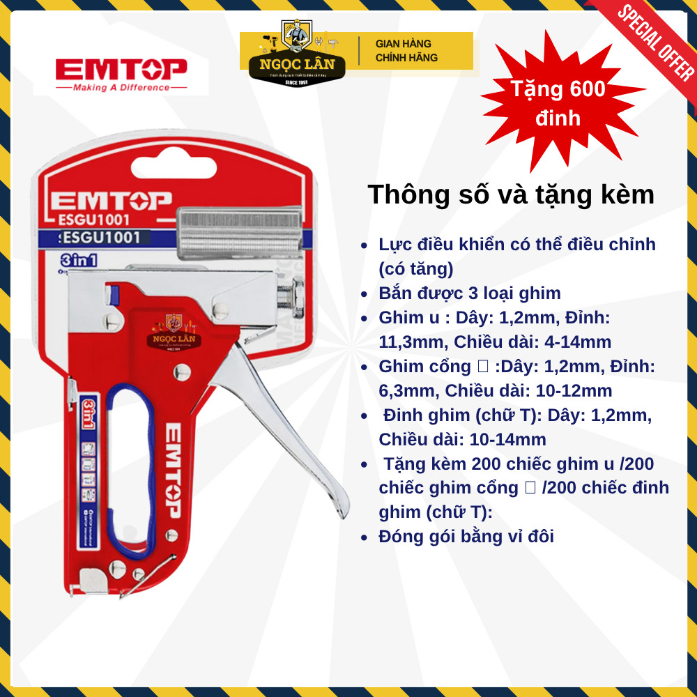 [Chính hãng] Kìm bắn đinh ghim 3 chức năng EMTOP bấm 3 loại đinh u, cổng, thẳng có chỉnh lực cao cấp