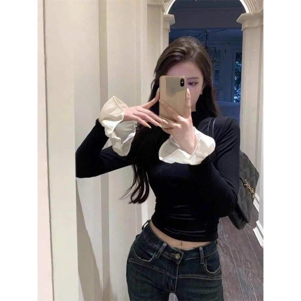 Áo thu đông nữ giữ nhiệt dài tay thiết kế ôm body hack dáng phối cổ cao tay ren kiểu điệu dành cho nữ XIMIMI SP358