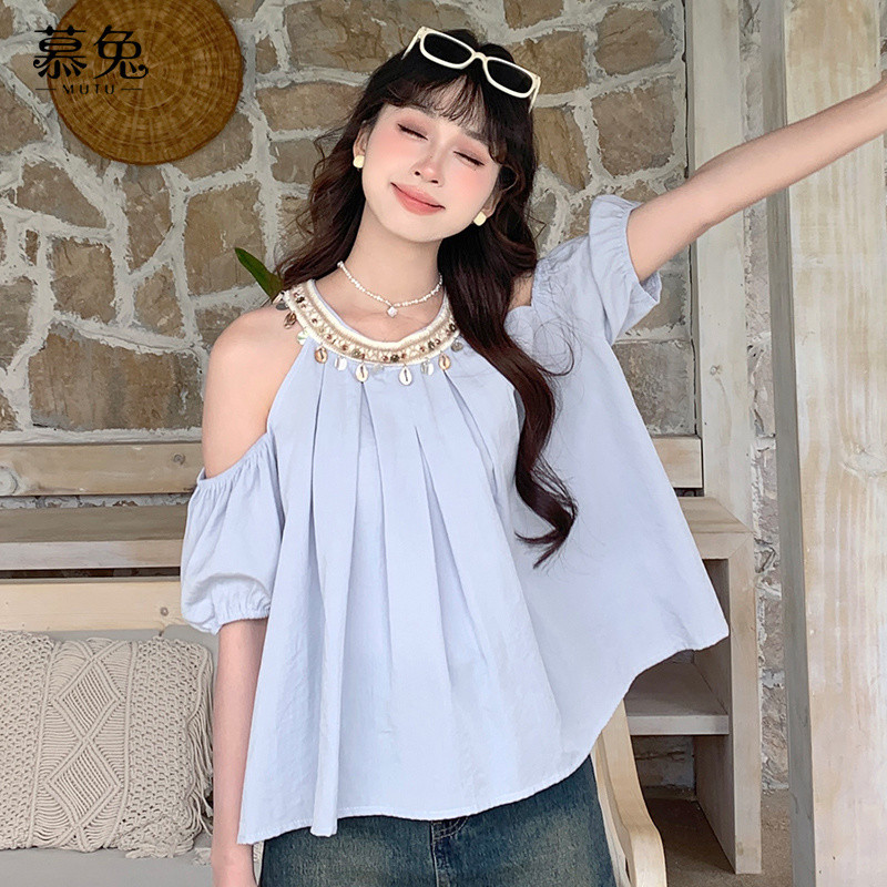 Mutu Pháp Dây Tắt Vai Cổ Tròn Tay Ngắn Nữ Mùa Hè 2026 Phong Cách Mới Thiết Kế Niche Sequins Ngày Lễ Phong Cách Hàng Đầu