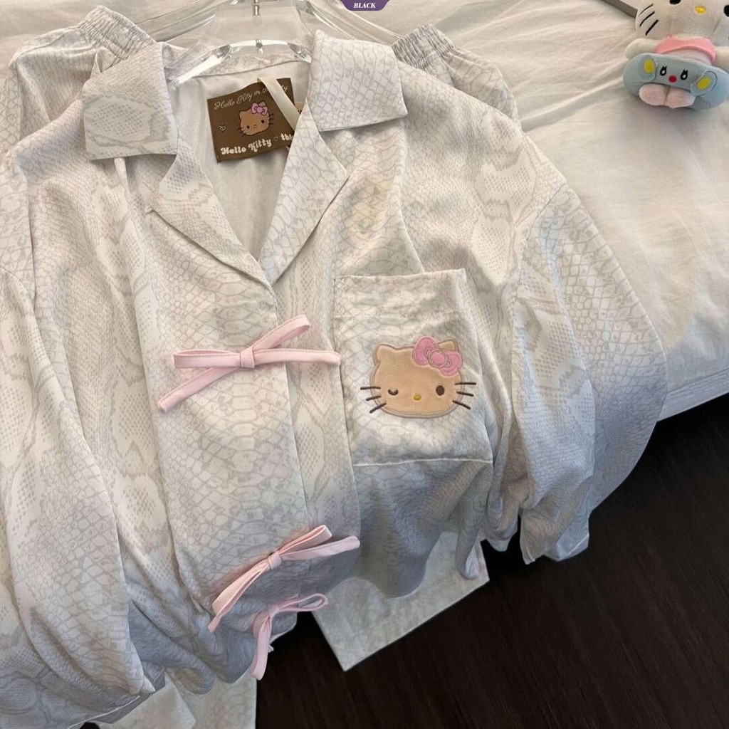 Bộ pyjama Hello Kitty họa tiết báo leopard dành cho nữ, quần dài tay, phù hợp mặc ở nhà
