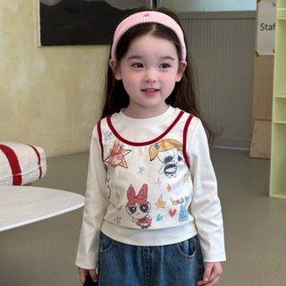 Bé Gái Mùa Thu 2025 Phong Cách Mới Powerpuff Bé Gái Giả Hai Mảnh Áo Thun Dài Tay + Denim Quần Ống Rộng Phù Hợp Với