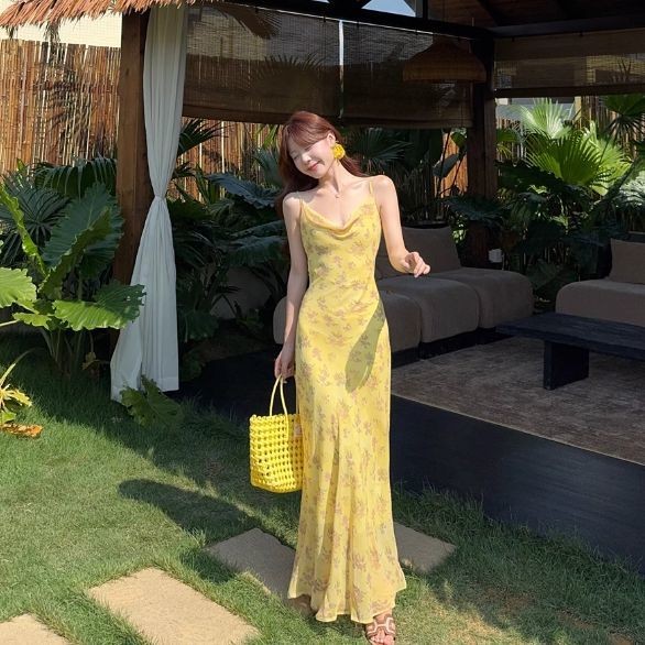 Đầm hoa mùa hè phong cách Pháp, thiết kế sling ôm eo, dáng dài