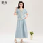 Mutu Bộ Đồ Hai Mảnh Phong Cách Hồng Kông Retro, Denim Short Sleeve with Ren Collar và Eo Cao Chữ A - Perfect cho Mùa Hè