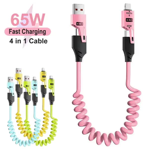 65W Lò Xo Cáp Dữ Liệu Ngắn 6A USB Loại C 4 Trong 1 Lò Xo Kính Thiên Văn Nhanh Dây Sạc Lò Xo Cáp USB Cho iPhone iPad MacBook