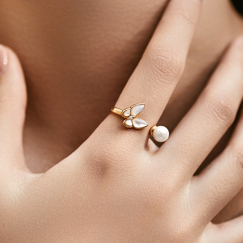 Nhẫn nữ mạ vàng thanh lịch với ngọc trai và zircon, thiết kế có thể điều chỉnh
