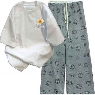 Tổng hợp các sét bộ quần ống  HOẠ TIẾT MÈO+ mix áo phông hoa cúc  CHẤT COTTON MÁT-