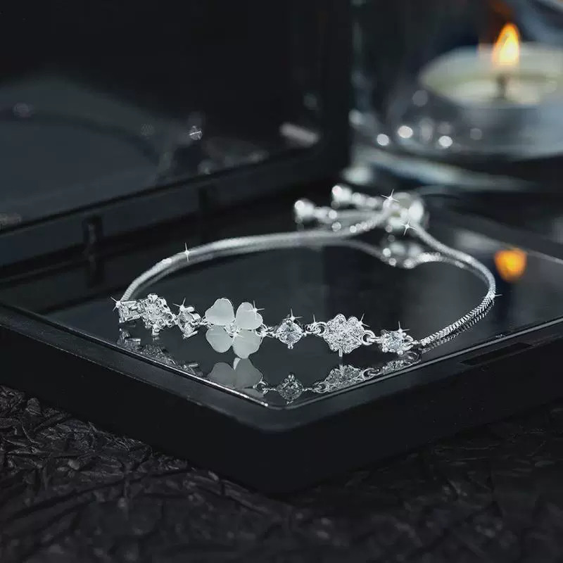 [HỢP KIM BẠC] Lắc tay bạc S925 rút cỏ 4 lá Imoon, vòng tay nữ xi bạch kim sang trọng Fortune Leaf IMOON059