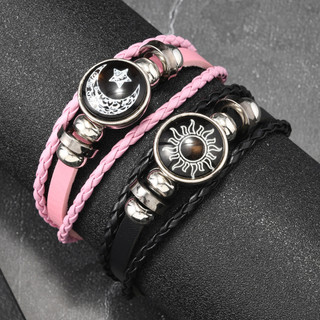 Vòng tay da vintage đính cườm mặt trời và mặt trăng - Lãng mạn, phù hợp làm quà tặng
