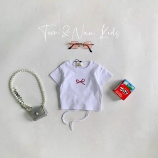 A24-[tomnaukids] Áo thun cộc tay Croptop thêu nơ rút dây cho bé gái thun bozip cotton size từ 8-35Kg