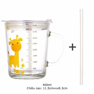 Cốc Chia Vạch Thuỷ Tinh Cốc Pha Sữa Cho Bé Có Ống Hút Silicon Dùng Cho Bé Tập Uống 400ml SUNND