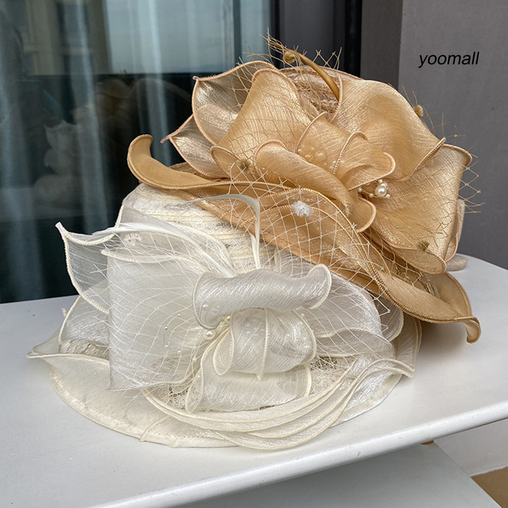 [Yo] Nữ Mũ Ngư Dân Organza Ren Nơ Ngọc Trai Giả Lông Vũ Trang Trí Vintage Phong Cách Hoàng Gia Phẳng Top Chống Tia UV Chống Nắng Dự Tiệc Trang Trọng Dịp Mũ
