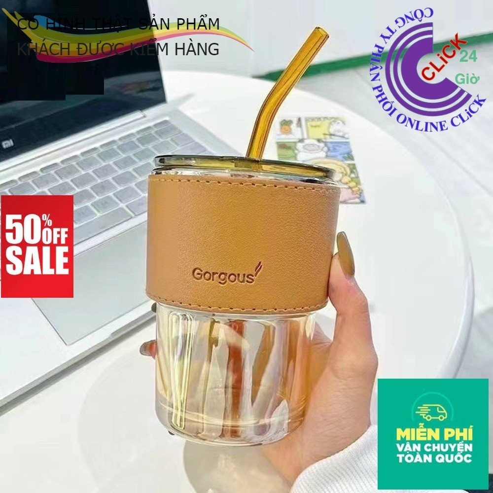 [XẢ]Ly thủy tinh 450ml bao da có nắp và ống hút thủy tinh xịn xò🕰TRÙM HOA VÀ CÂY CẢNH