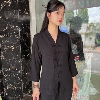 Set đồ bộ nữ lam đi chùa cổ bà lai nút thắt vải đũi