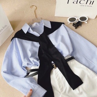 SET ÁO SOMI KẺ SỌC XANH + QUẦN SOOC TRẮNG + CHOÀNG CỔ (KÈM ĐAI)