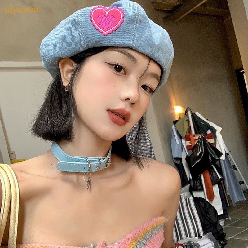 Siyuyan Thường Ngày Màu Hồng Tình Yêu Denim Mũ Nồi Nữ Xuân Hè Thể Hiện Mặt Đa Năng Retro Họa Sĩ Mũ Nồi Nhật Bản Mũ Newsboy Mũ VN