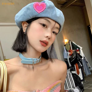 Siyuyan Thường Ngày Màu Hồng Tình Yêu Denim Mũ Nồi Nữ Xuân Hè Thể Hiện Mặt Đa Năng Retro Họa Sĩ Mũ Nồi Nhật Bản Mũ Newsboy Mũ VN