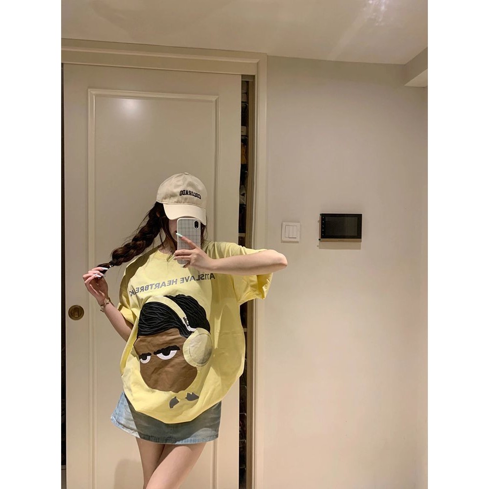 Cotton Nguyên Chất Màu Vàng Kem Hoạt Hình Ngắn Tay Nữ Mùa Hè Rời Top