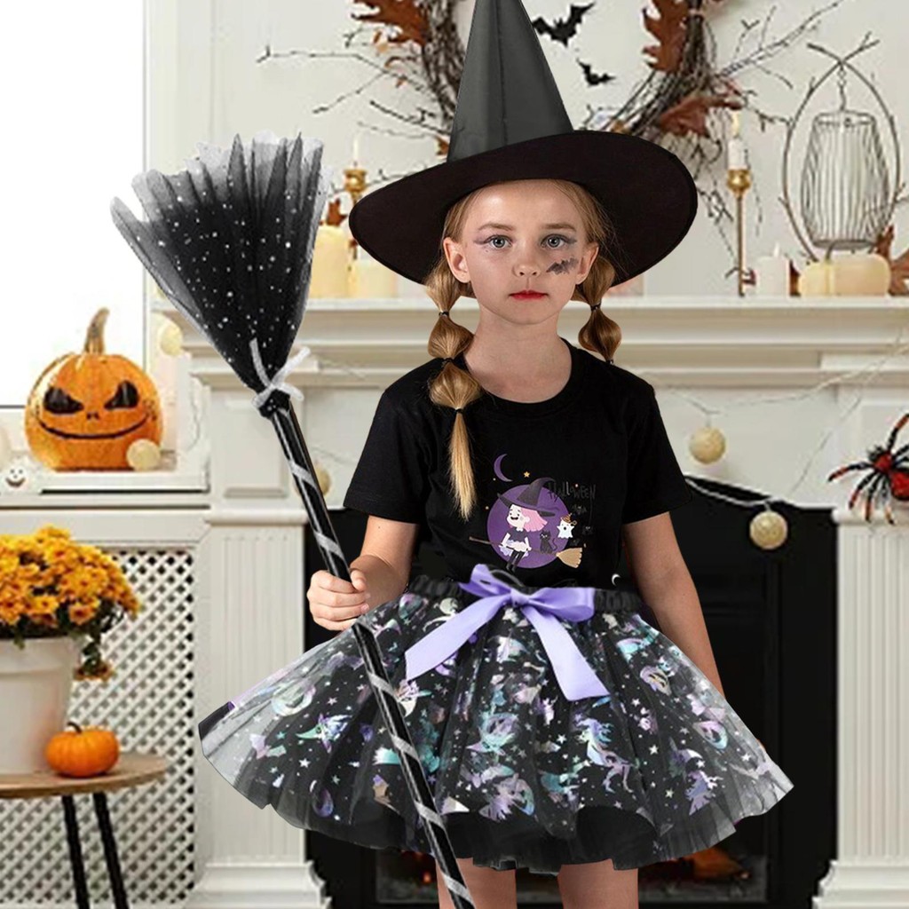 Halloween in lưới bí ngô váy tutu mũ phù thủy chổi váy lông tơ bộ ba mảnh váy ngắn bé gái Châu Âu và Mỹ jiwvn