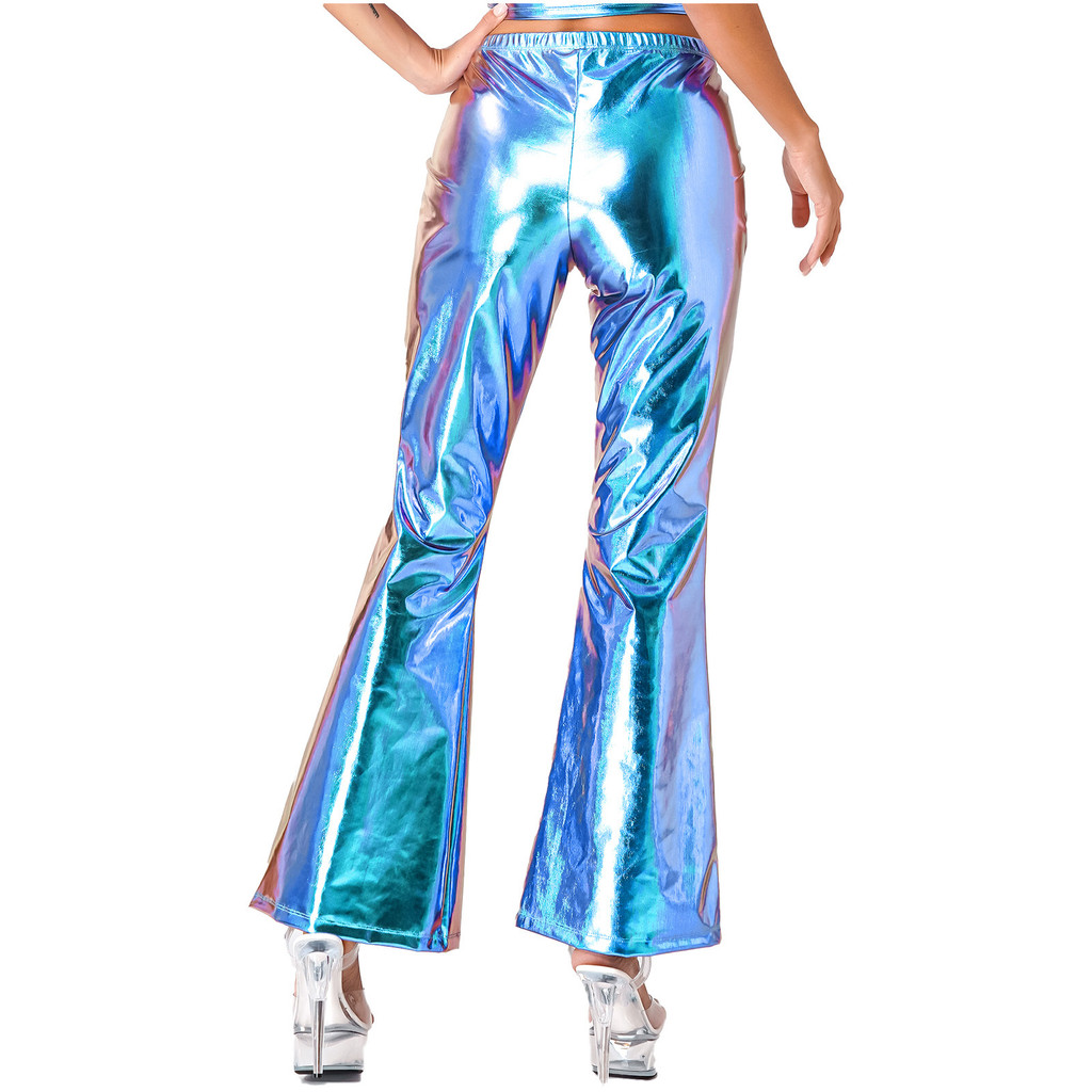 Txmy - Quần Disco kim loại sáng bóng cho nữ Loodgao Dây thắt lưng đàn hồi Chuông Quần loe đáy