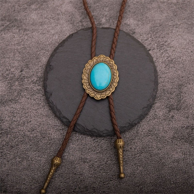 Bầu trời Nam Rodeos Bolo Tie với mặt dây chuyền ngọc lam và dây da bện điều chỉnh được - Trang sức phương Tây