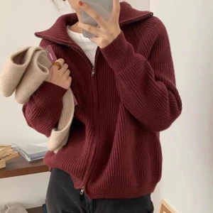 Suxi Đơn Giản Màu Trơn Pháp Rời Retro Thu Đông Hàng Mới Cổ Áo Dài Tay Dây Kéo Dệt Kim Cardigan Áo Len Nữ 240928