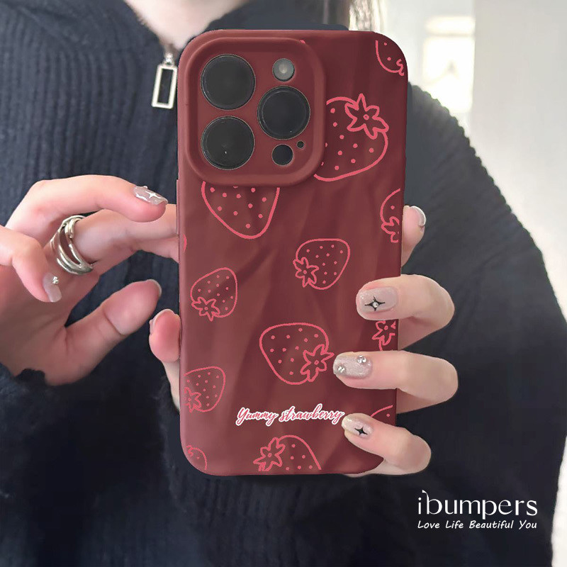 ibumpers Ốp Điện Thoại iPhone Họa Tiết Dâu Dễ Thương Cho IPhone 16 15 14 12 13 11 Pro Max IP 7 8 Plus X XS XR Xếp Ly Ốp Lưng Silicon Mềm Chống Sốc