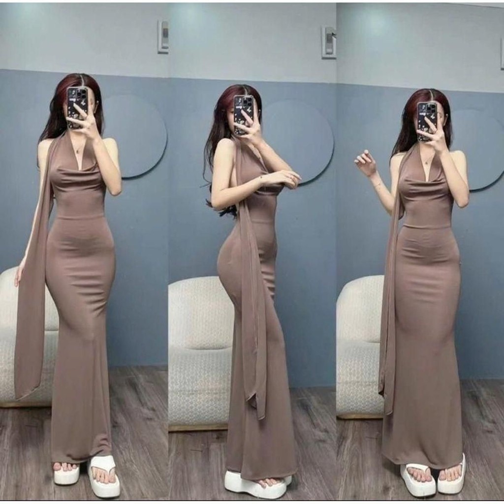Đầm ôm body dáng đuôi cá cổ đổ, cột nơ hở lưng - Thun gân lạnh,  váy tiệc xᶖnh, tôn dáng