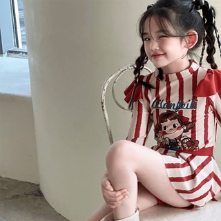 Đồ bơi cho bé gái tay dài sọc đỏ trắng - Bộ đồ bơi 3 món dễ thương chống nắng đi biển