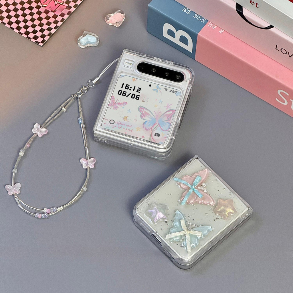 Thời Trang Lấp Lánh Nhiều Màu Sắc Vòng Tay Bướm Ốp lưng Thích Hợp Cho Samsung Galaxy ZFlip7 Zflip6 Ốp Lưng Bảo Vệ Cho ZFlip 7 5 6 5G Mixflip N3Flip Dây Có Thể Gập Lại Vỏ