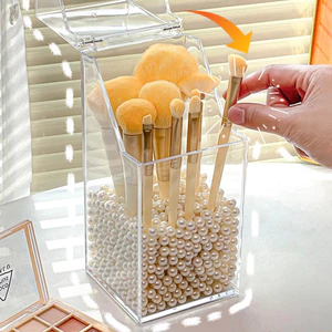 Dụng cụ sắp xếp cọ trang điểm trong suốt có nắp vệ sinh - Chất liệu PET dày Bảo quản mỹ phẩm, Hộp đựng máy tính để bàn cho hơn 50 bàn chải, Bề mặt dễ dàng làm sạch