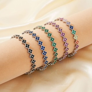 Vòng tay cỏ ba lá nữ với họa tiết kẻ sọc kim cương zircon nhiều màu sắc, phong cách châu âu hiện đại