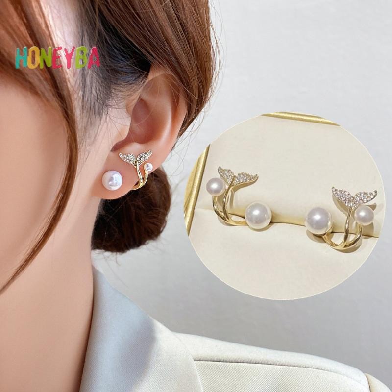 < Honeyba > 1 Đôi Bông Tai Đính Hoa Ngọc Trai Giả Hàn Quốc Pha Lê Thời Trang Nữ Trang Sức Thanh Lịch Tiệc Hàng Ngày Bông Tai Đuôi Cá Với Ngọc Trai Bốn Móng Vuốt Tai Hàng Bông Tai Quà Tặng