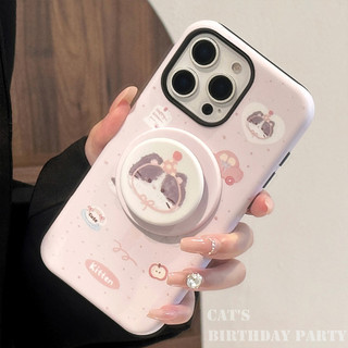 [Sheren] Ốp Điện Thoại Chân Đế Mèo Màu Hồng Dễ Thương Thích Hợp Cho i17 16 15 14 13 12 11 pro max Vỏ Bảo Vệ Chống Sốc