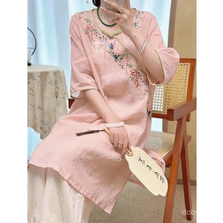 Áo đầm phong cách cổ điển Trung Quốc, vải lanh cotton thêu họa tiết thiền trà