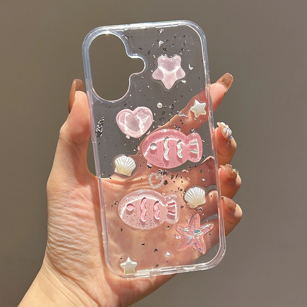 3D Vỏ Hồng Cá Bạc Lá Nhựa Ốp Lưng Điện Thoại iPhone 17 Pro Max 16 15 14 13 12 11 Vỏ Bảo Vệ Chống Sốc