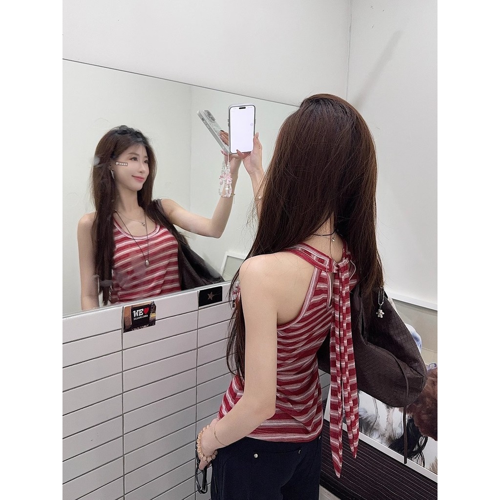 Milyfashion Sọc Đỏ Dây Buộc Dây Sling Mùa Hè Tinh Khiết Desire Không Tay Bên Trong Retro Slim-Fit Top Mặc Ngoài