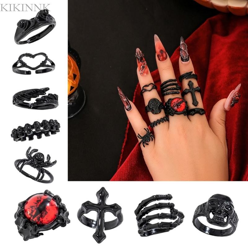 KIKIN Nhẫn Halloween 9 Chiếc - Hình Dạng Nhện, Đầu Lâu và Chữ Thập, Có Thể Xếp Chồng