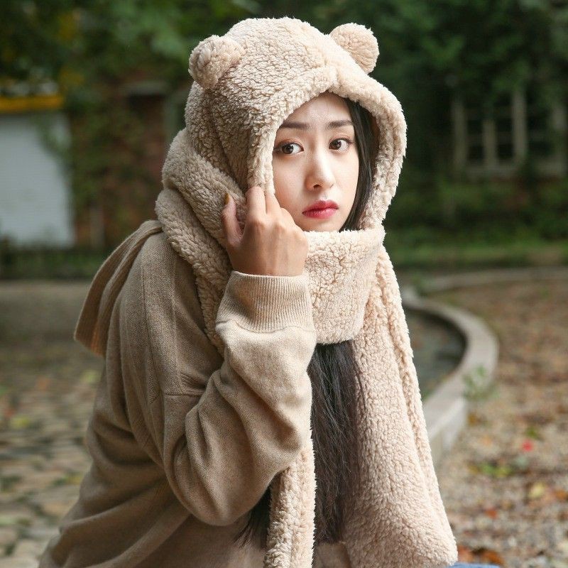 Mũ lông cừu tai gấu kèm khăn quàng cổ và găng tay ấm áp ulzzang Hàn quốc
